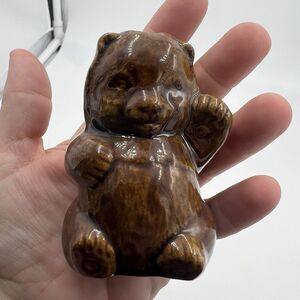 Rare Vintage Macrame Ceramic Bead Baby Bear Dark Brown Figurine Stuffy Paw